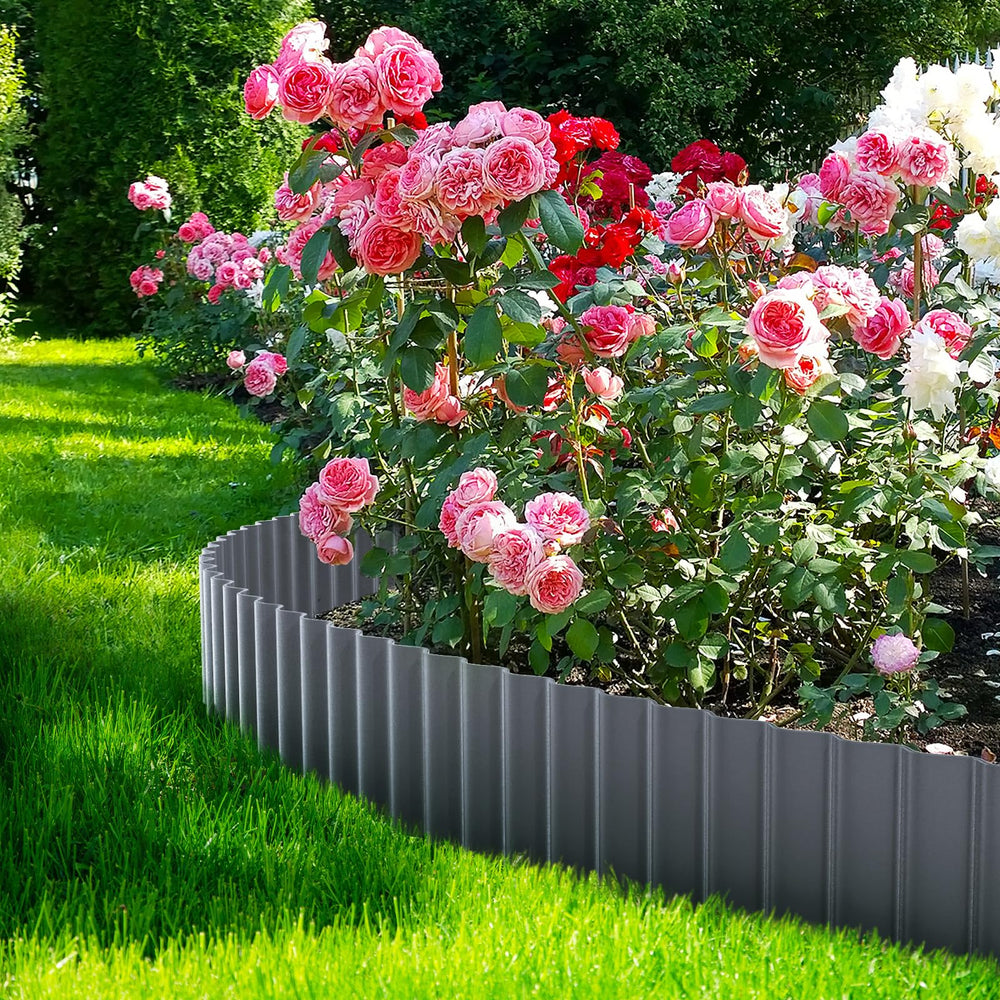 LAVEVE edging installed along a flower bed highlighting tidy separation benefit