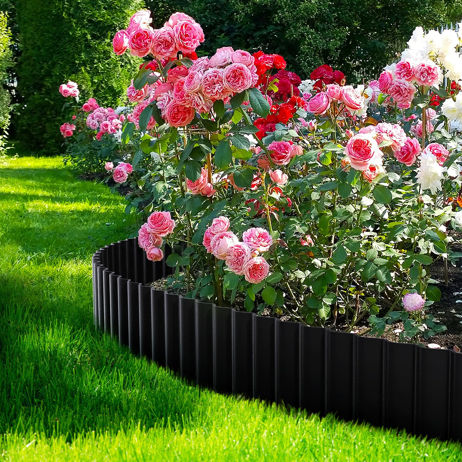 LAVEVE edging next to tape measure showing 8 inch height and 20 foot length for planning