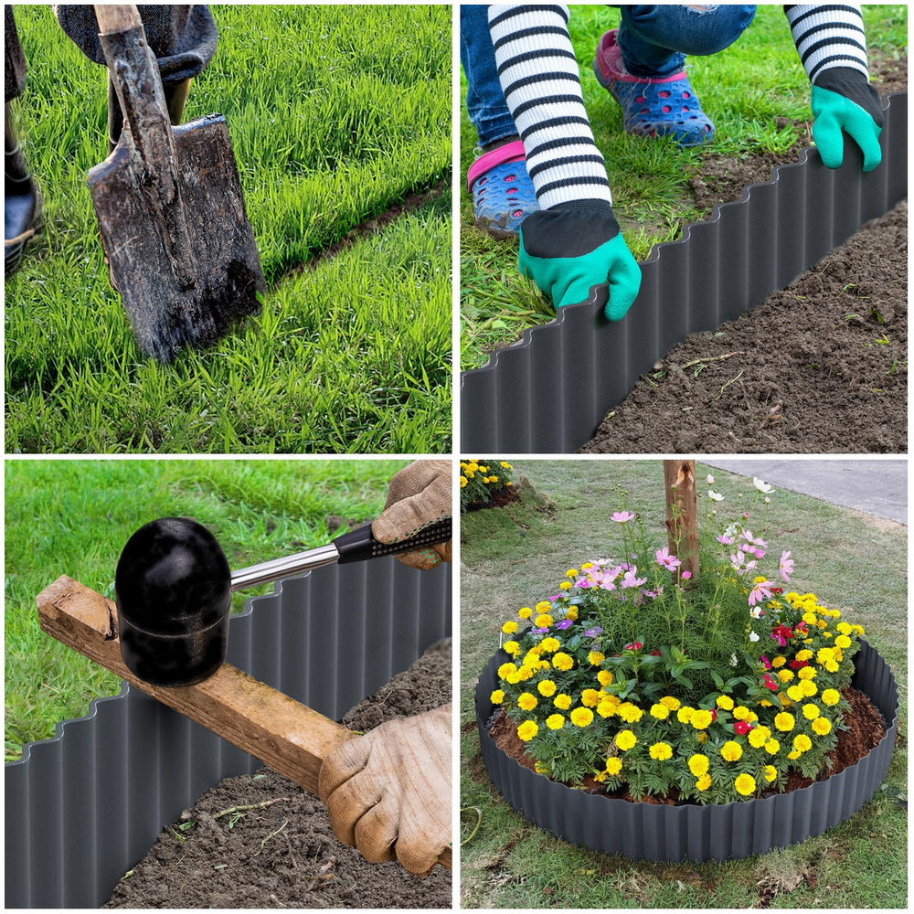 LAVEVE unrolled edging placed beside lawn demonstrating easy layout and shaping benefit