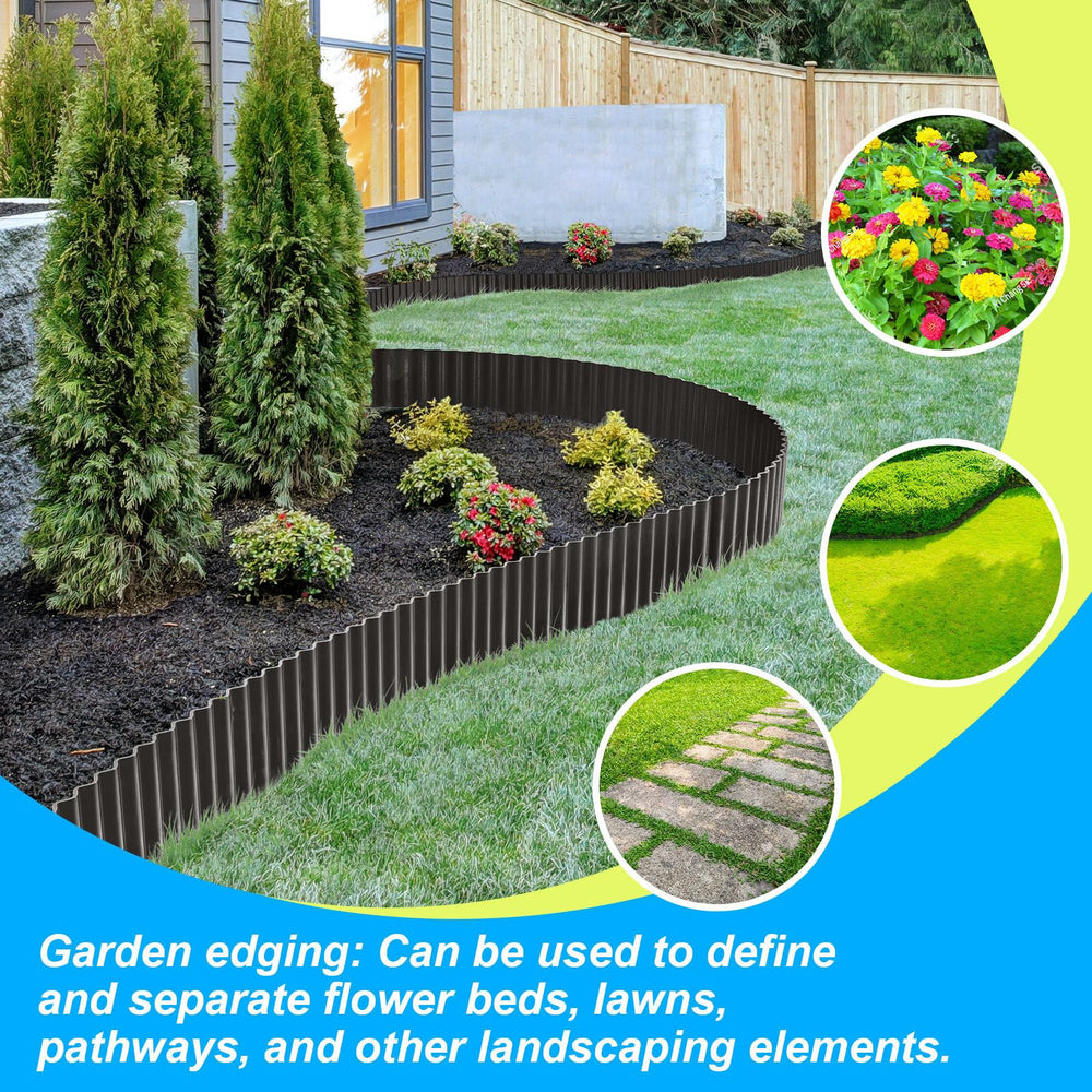 LAVEVE edging next to yard tools illustrating scale and easy cutting to fit