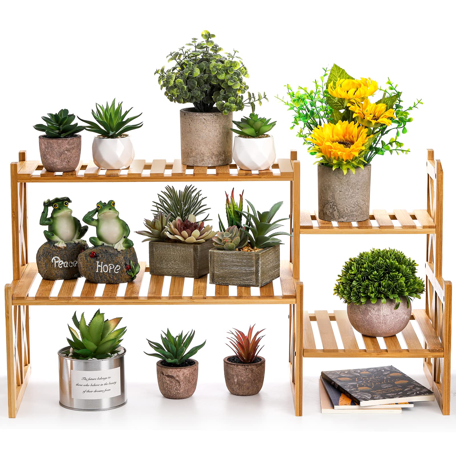 Lawei ladder-style plant stand in use holding succulents to save counter space