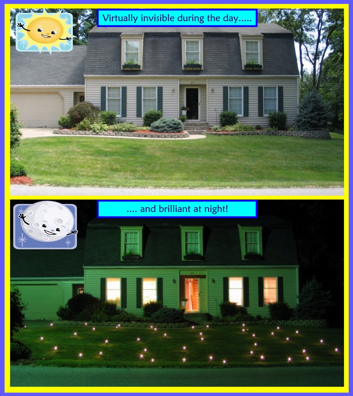 LAWN LIGHTS packaging contents displayed with stakes and wiring for easy setup
