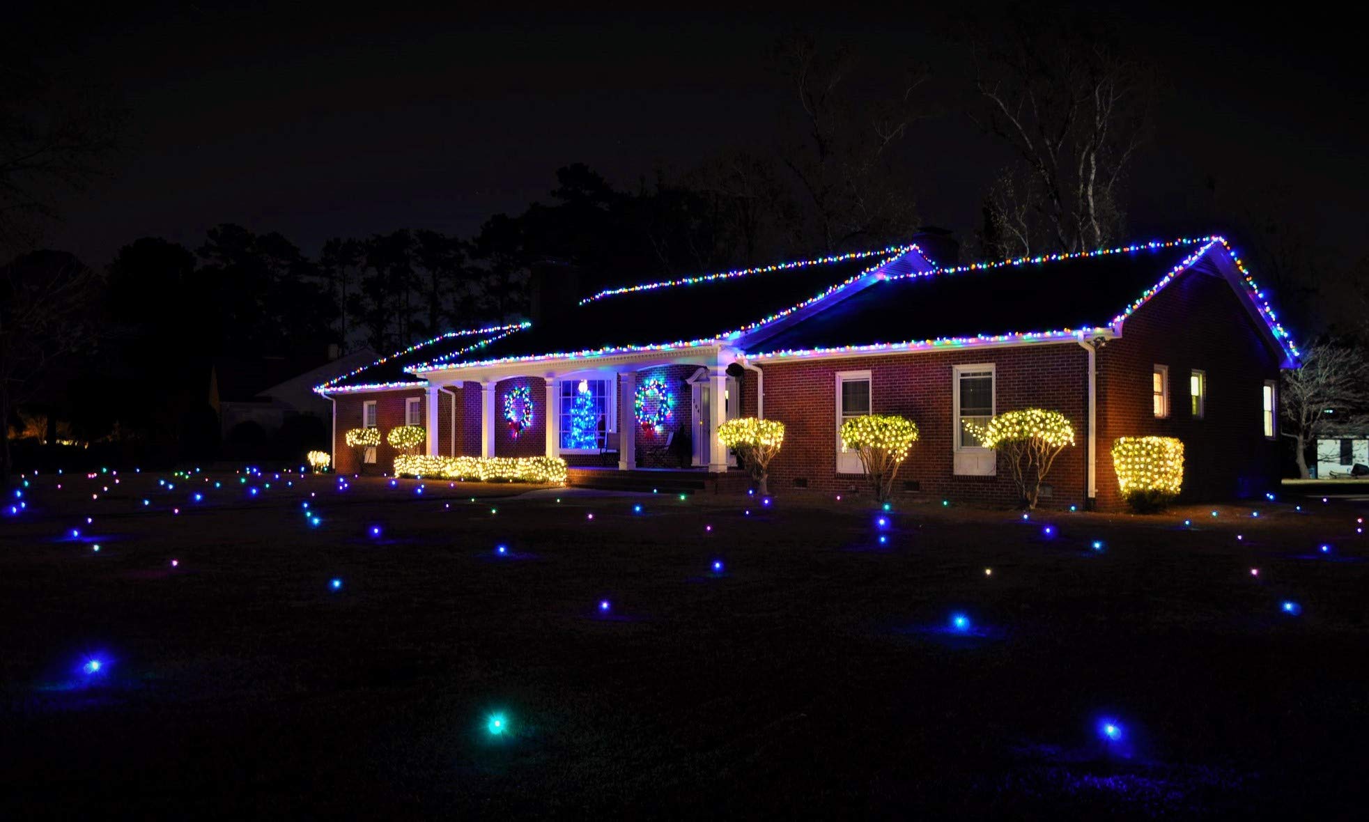 LAWN LIGHTS outlining a roofline illustrating crisp architectural accent lighting