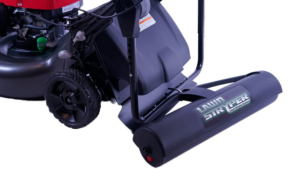 Lawn Stryper front-mounted on mower showing neat curb appeal