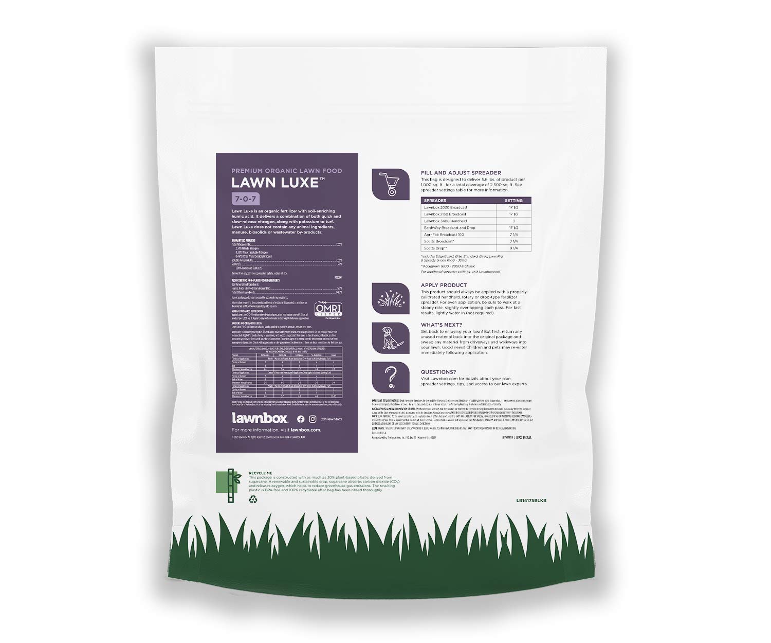Lawnbox label close-up highlighting 7-0-7 organic formula and features