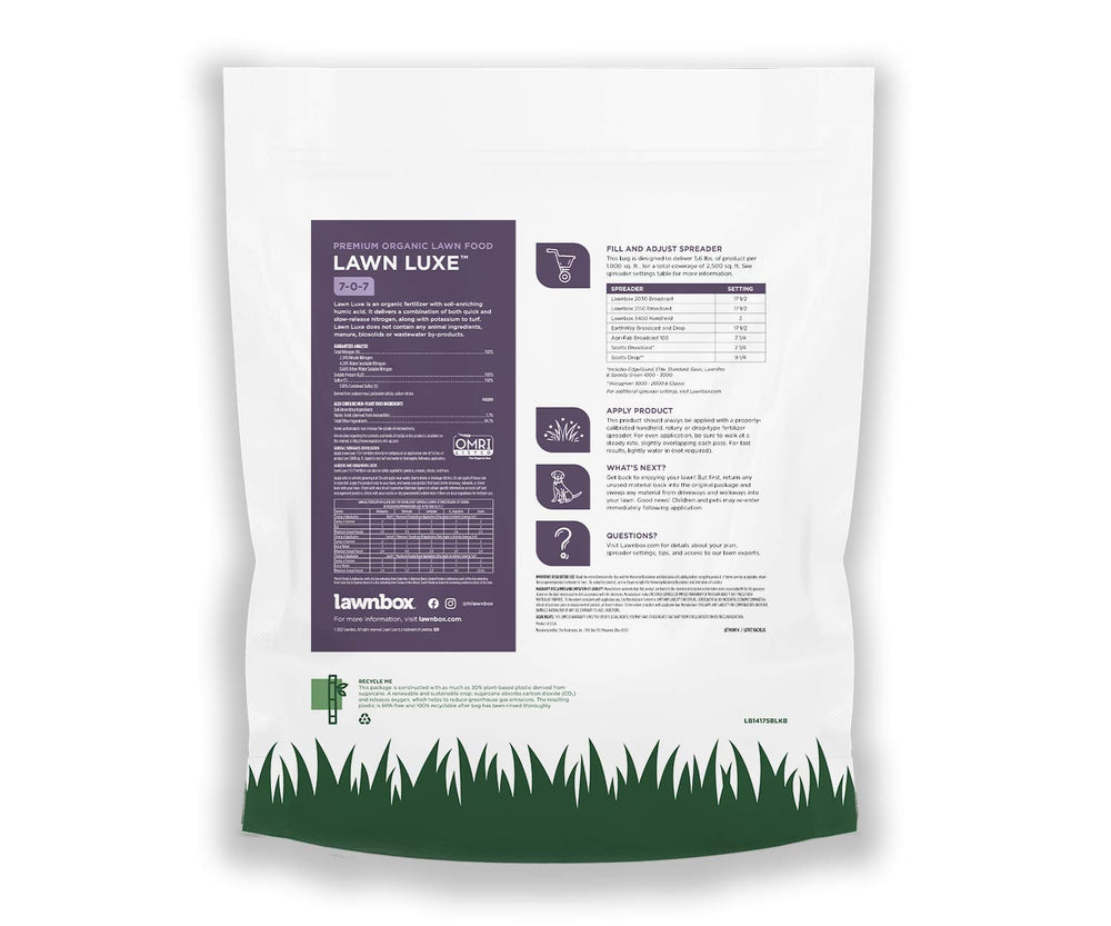 Lawnbox label close-up highlighting 7-0-7 organic formula and features