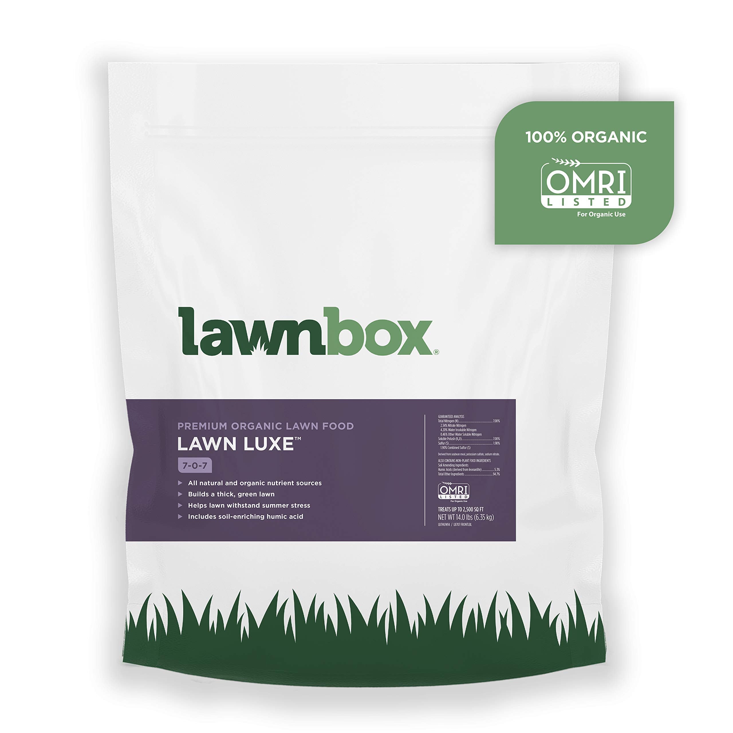 Lawnbox front of bag showing product name and coverage benefit
