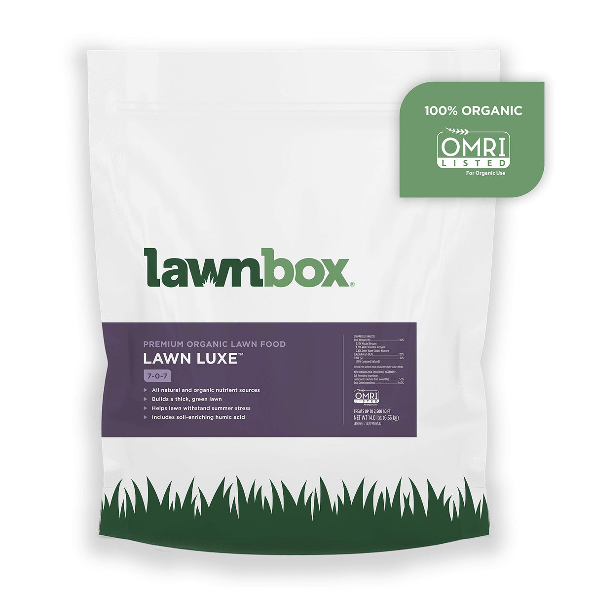 Lawnbox front of bag showing product name and coverage benefit