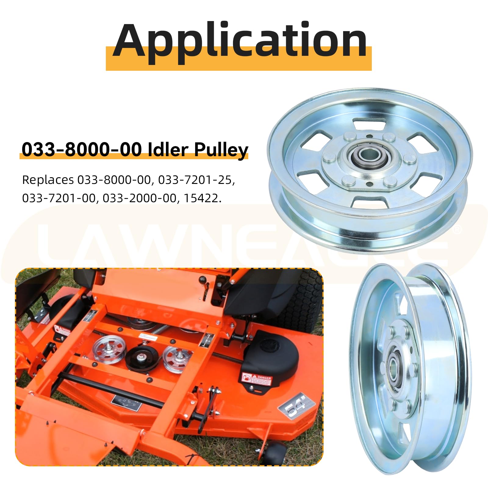 Lawneagle pulley mounted on a mower deck restoring correct belt path