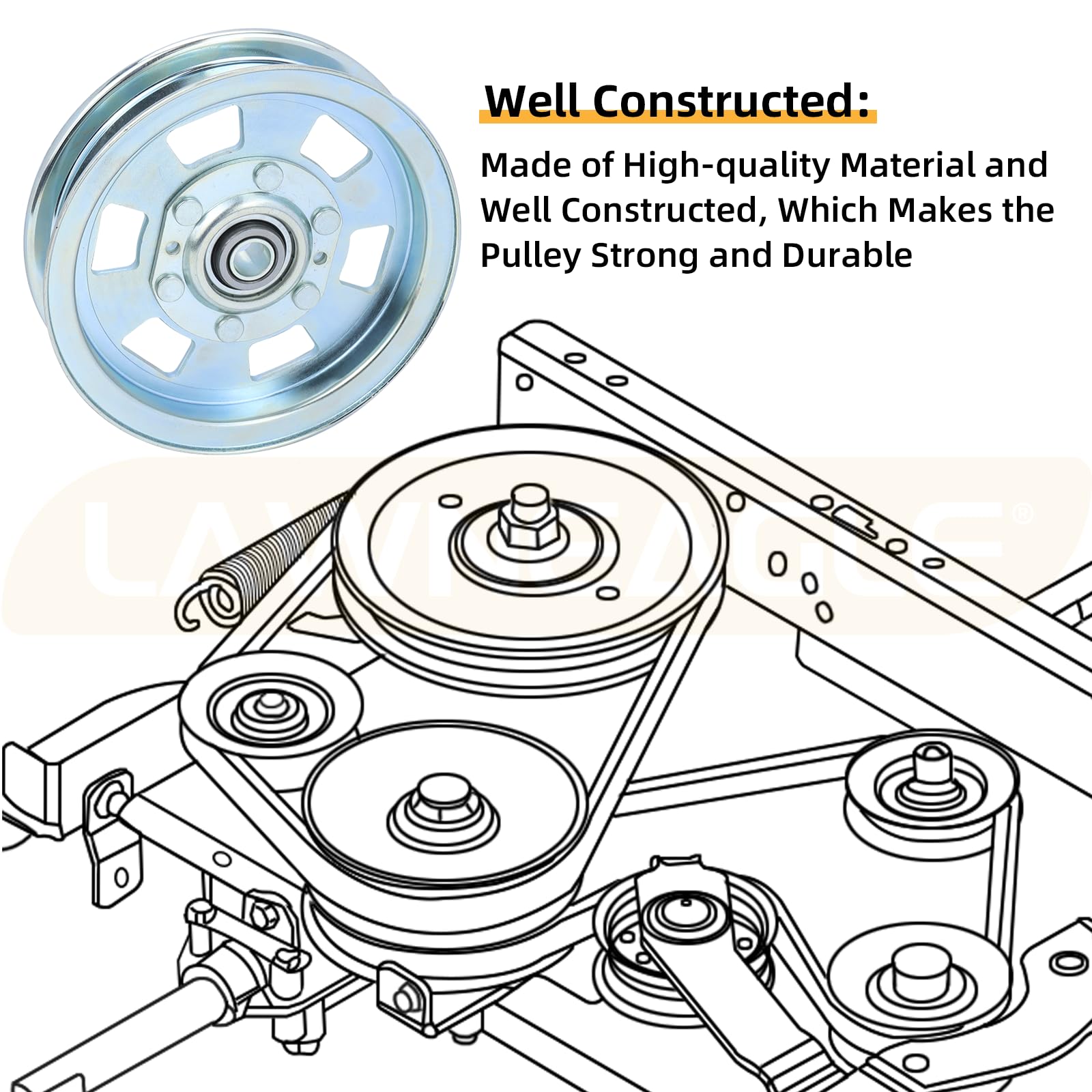 Lawneagle pulley beside ruler showing 5 3/4 inch diameter for fit confirmation