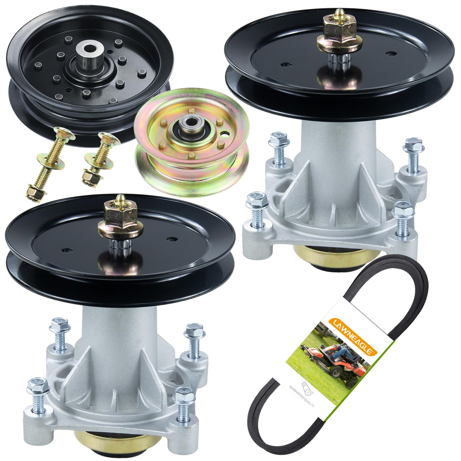 Lawneagle front view of two spindle assemblies showing durable construction and fit