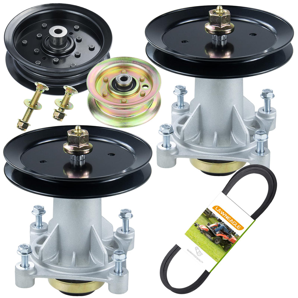 Lawneagle front view of two spindle assemblies showing durable construction and fit