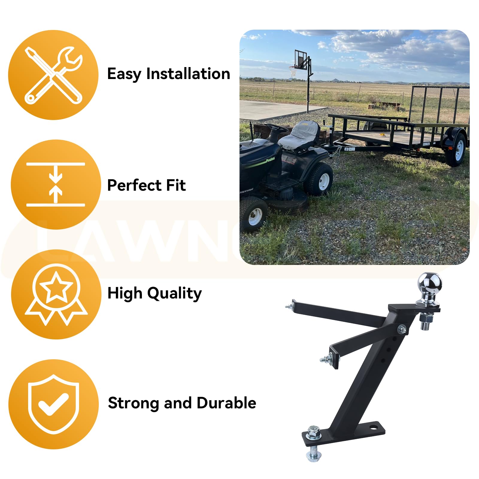 Lawneagle hitch hooked to a small trailer displaying hauling capability