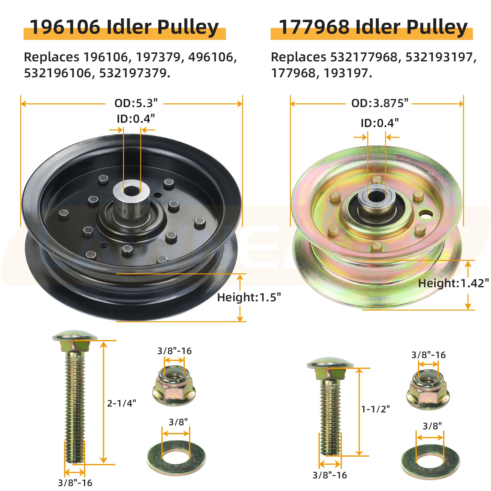 Lawneagle idler pulley with included hardware for quick replacement and secure mounting