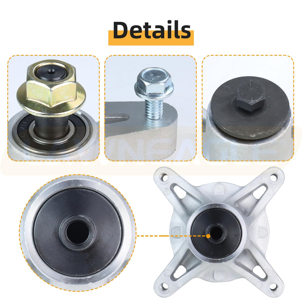 Lawneagle mechanic replacing spindle in garage setting for efficient, safe service