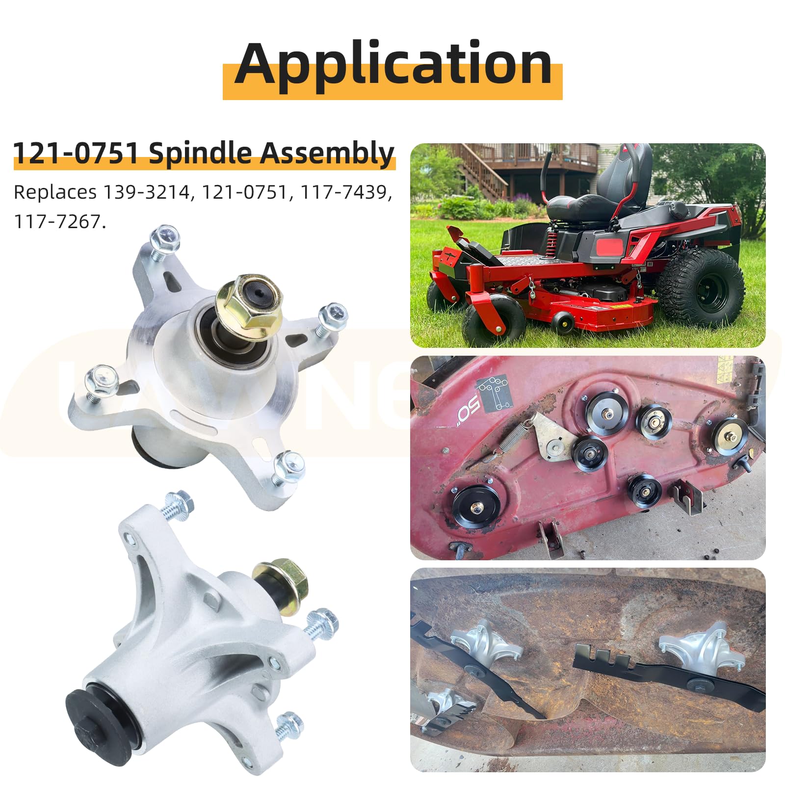 Lawneagle spindle installed on mower deck illustrating restored blade stability and performance