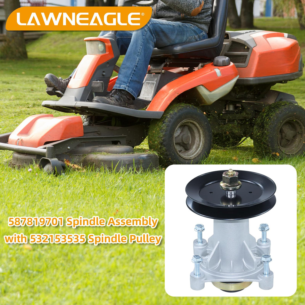 Lawneagle spindle pulley close-up showing dimensions and balanced running benefit