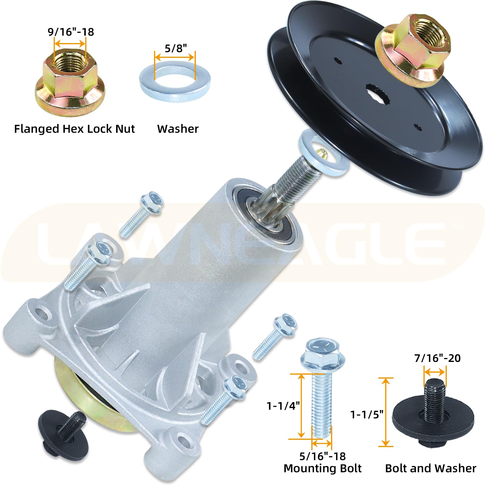 Lawneagle spindle with blade mounted illustrating secure attachment and safe operation