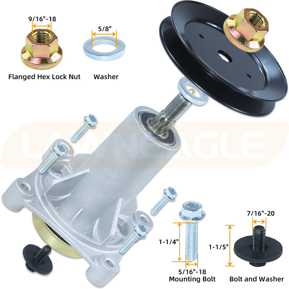 Lawneagle spindle with blade mounted illustrating secure attachment and safe operation