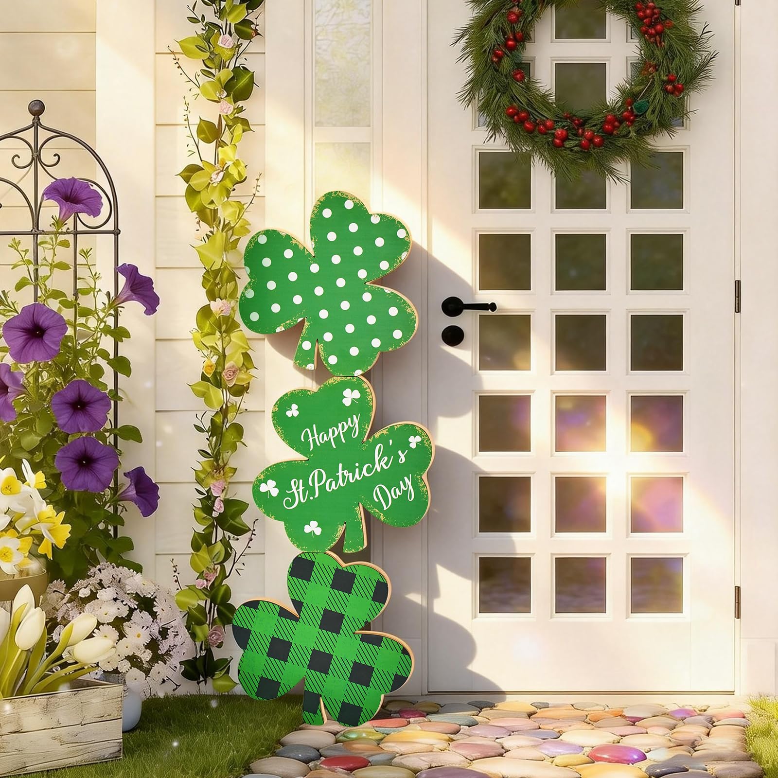 LawnIdyll porch sign front view showing shamrocks and welcome text for festive curb appeal