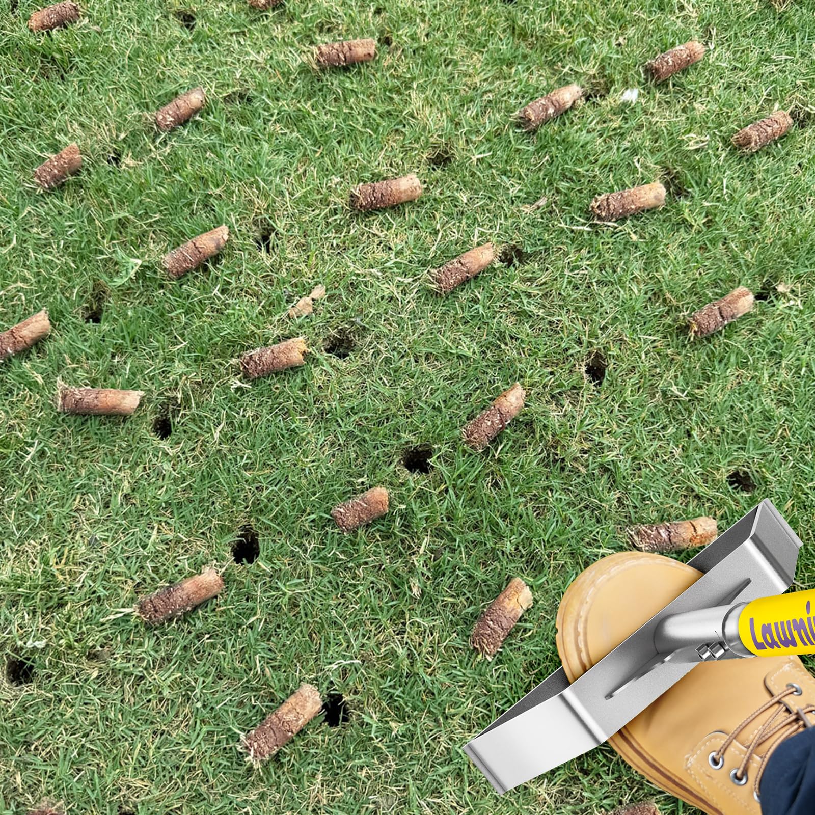 Wide footplate detail on Lawnira aerator delivering full body pressure for deeper cores