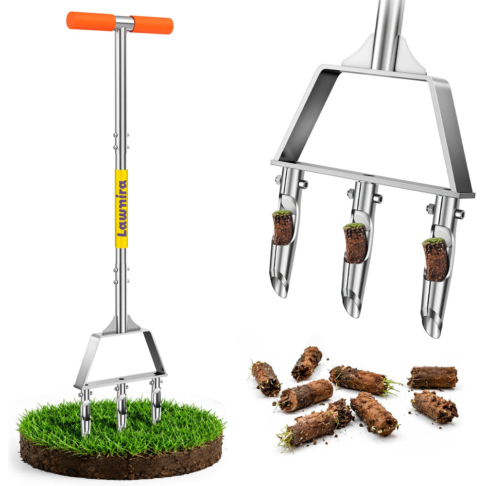 Lawnira aerator front view showing solid steel frame and yellow finish for durability