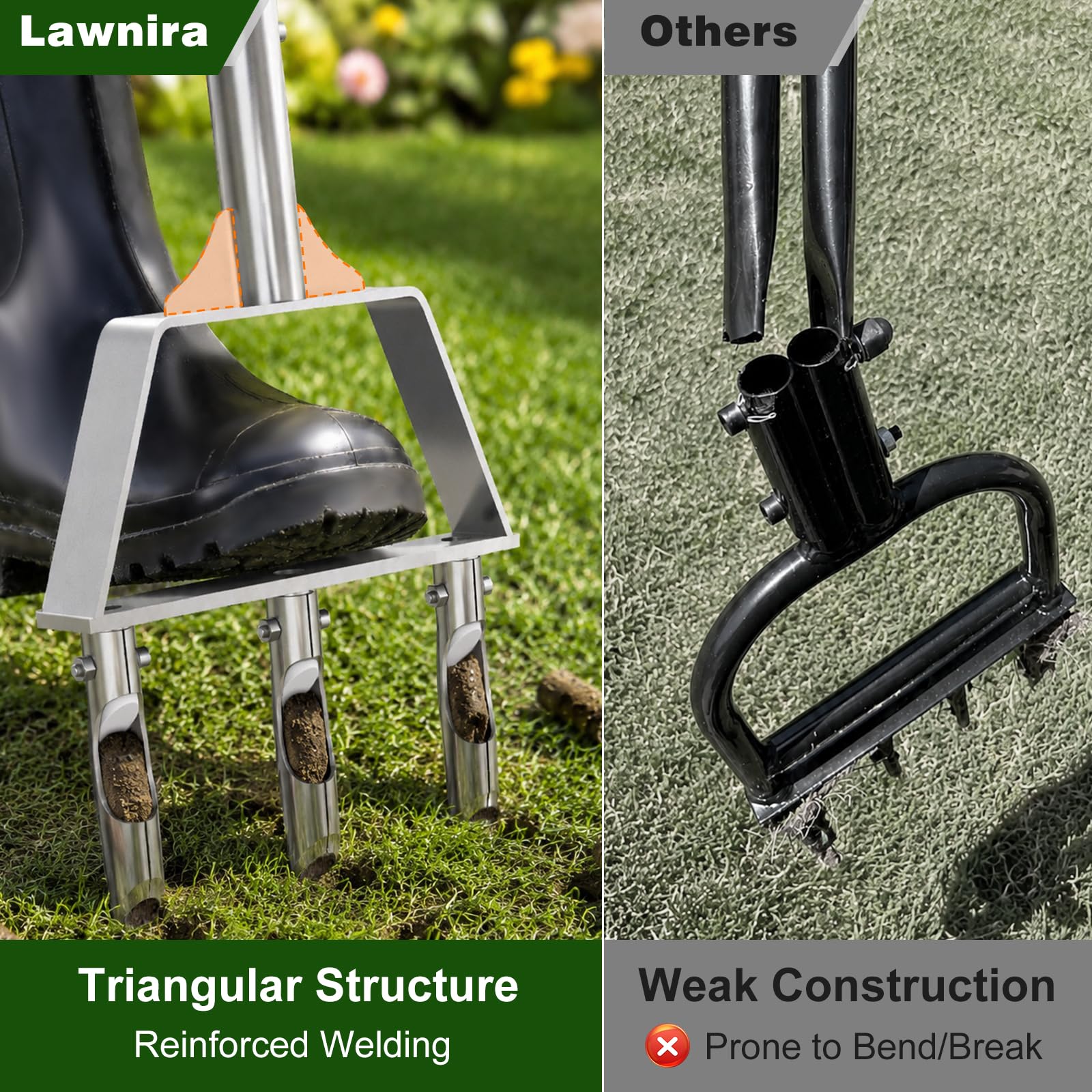 Lawnira aerator driven into dense clay demonstrating easy penetration and airflow benefit