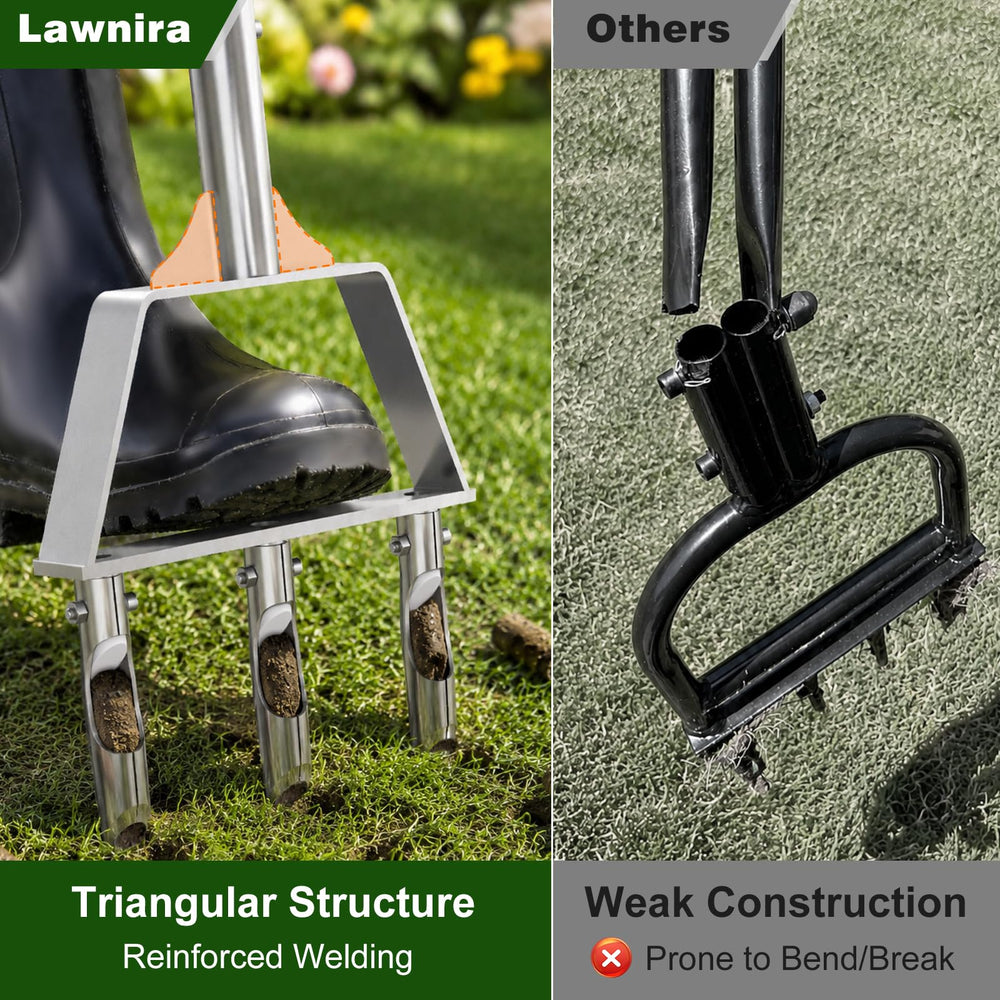 Lawnira aerator driven into dense clay demonstrating easy penetration and airflow benefit