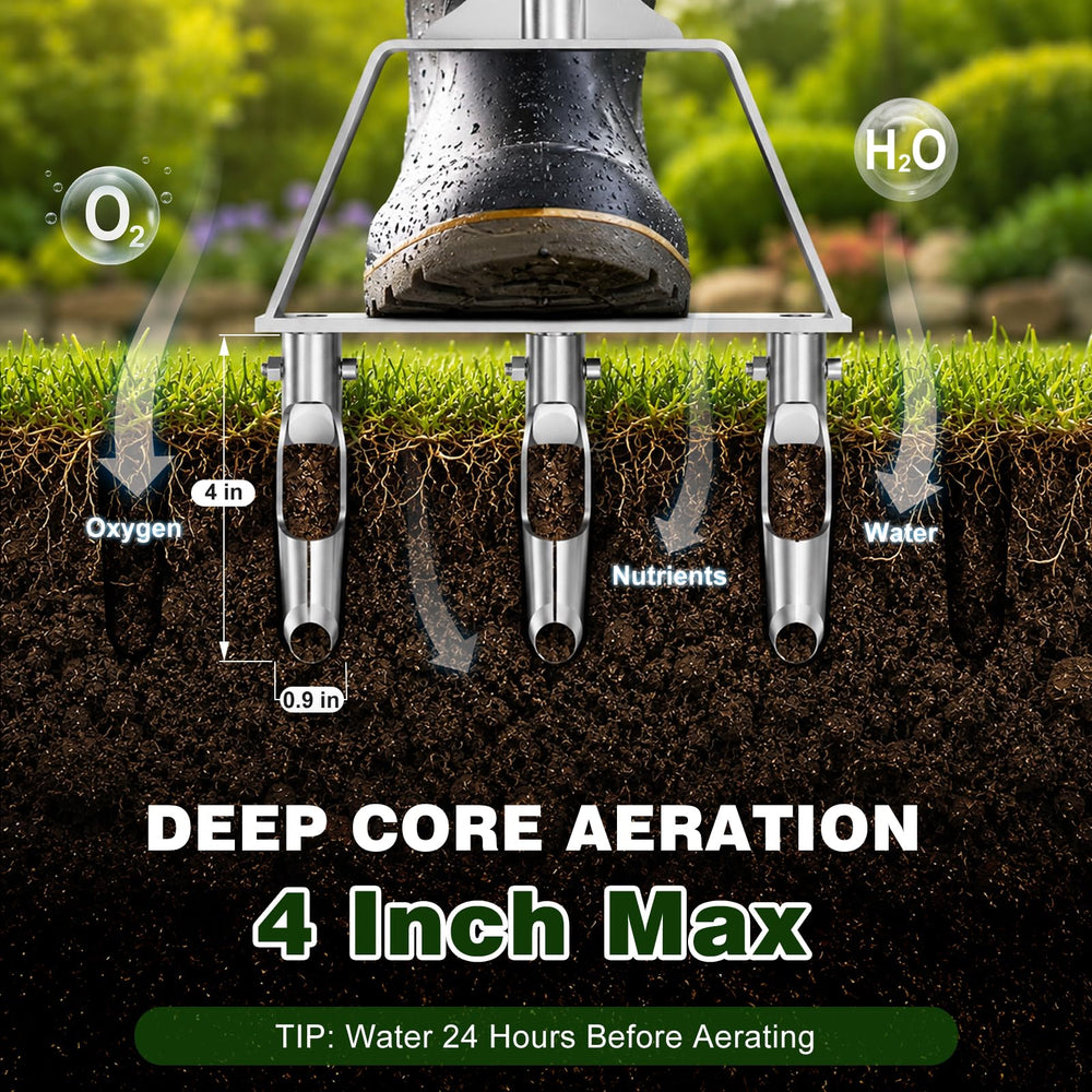 Lawnira aerator next to ruler showing 37‑inch height for upright ergonomic use