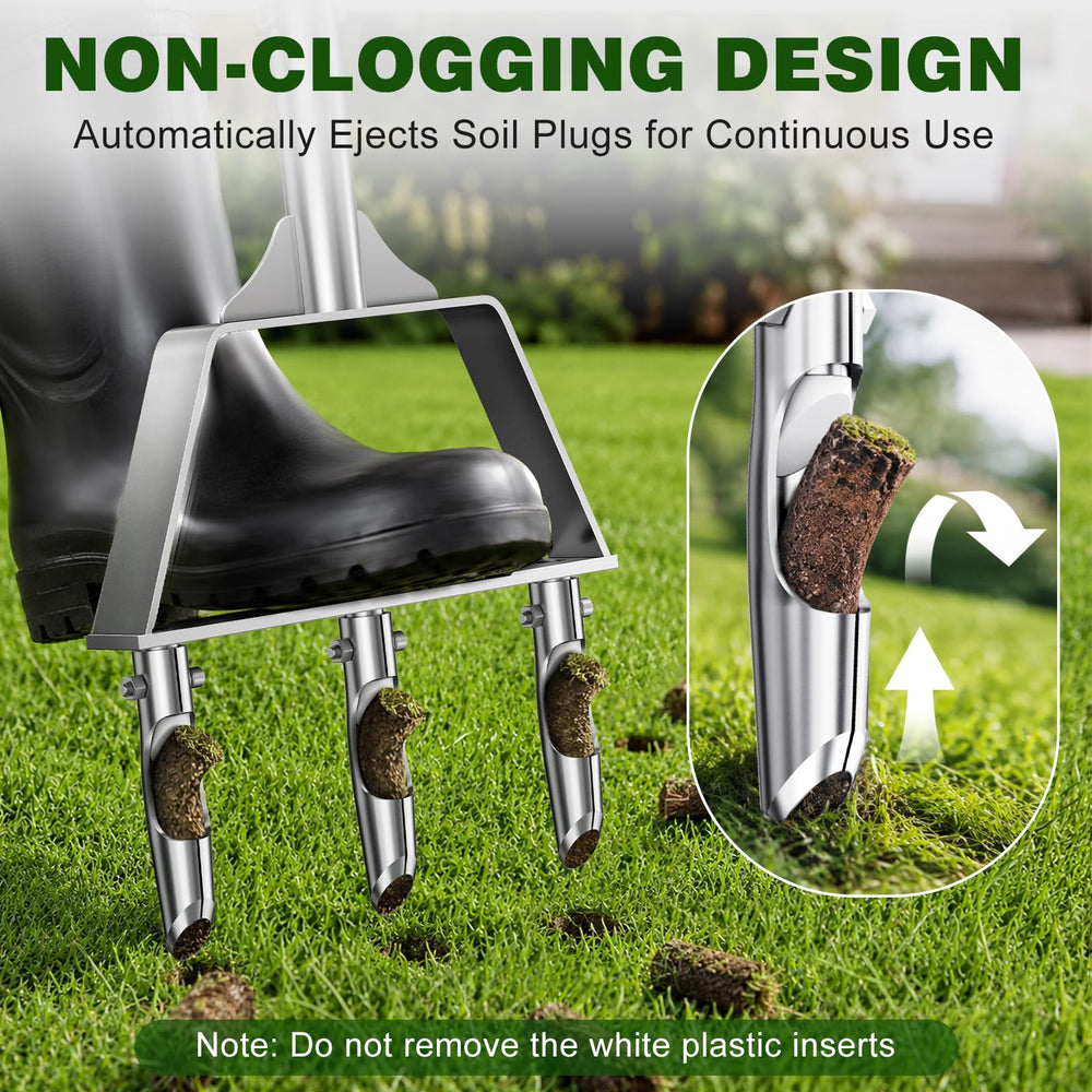 Closeup of Lawnira hollow tines shedding soil plugs for clog‑free aeration