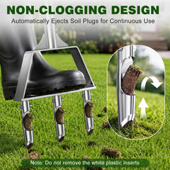 Closeup of Lawnira hollow tines shedding soil plugs for clog‑free aeration