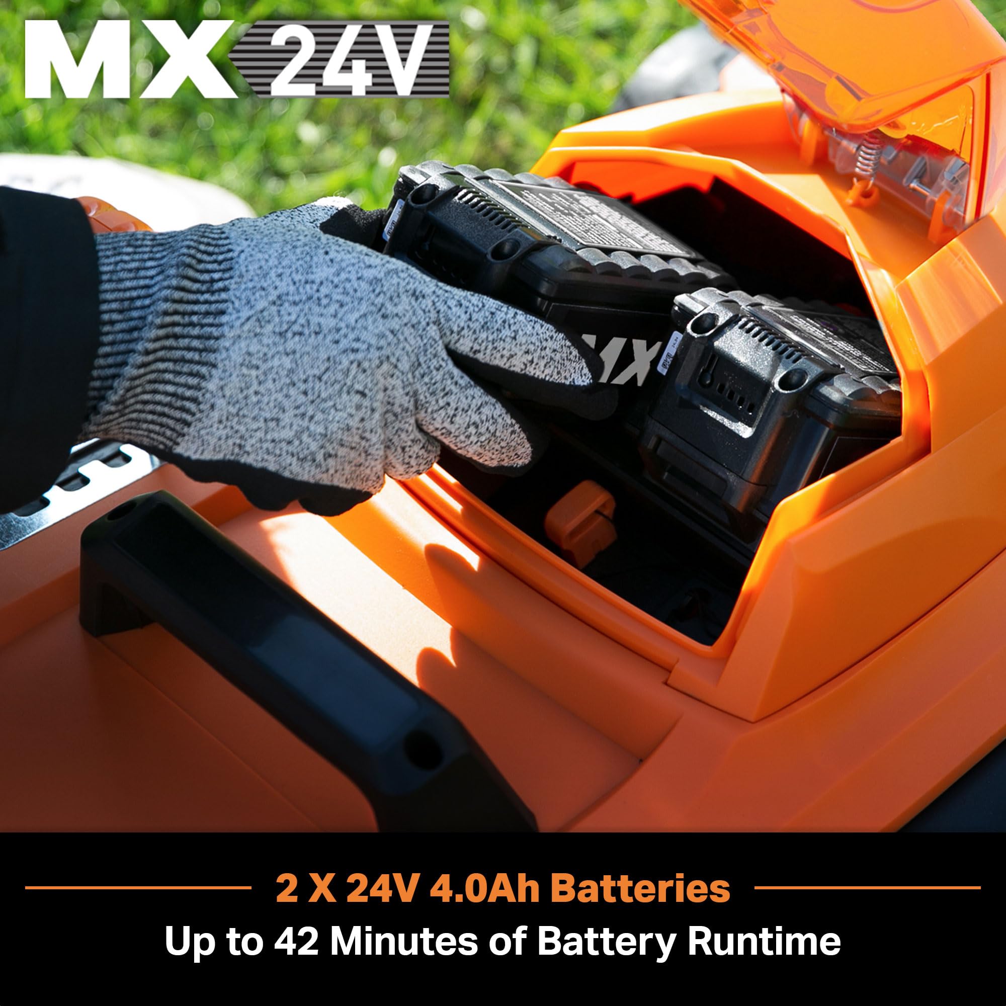 LawnMaster two 24V batteries and dual charger displayed for faster recharging and continuous use