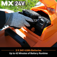 LawnMaster two 24V batteries and dual charger displayed for faster recharging and continuous use