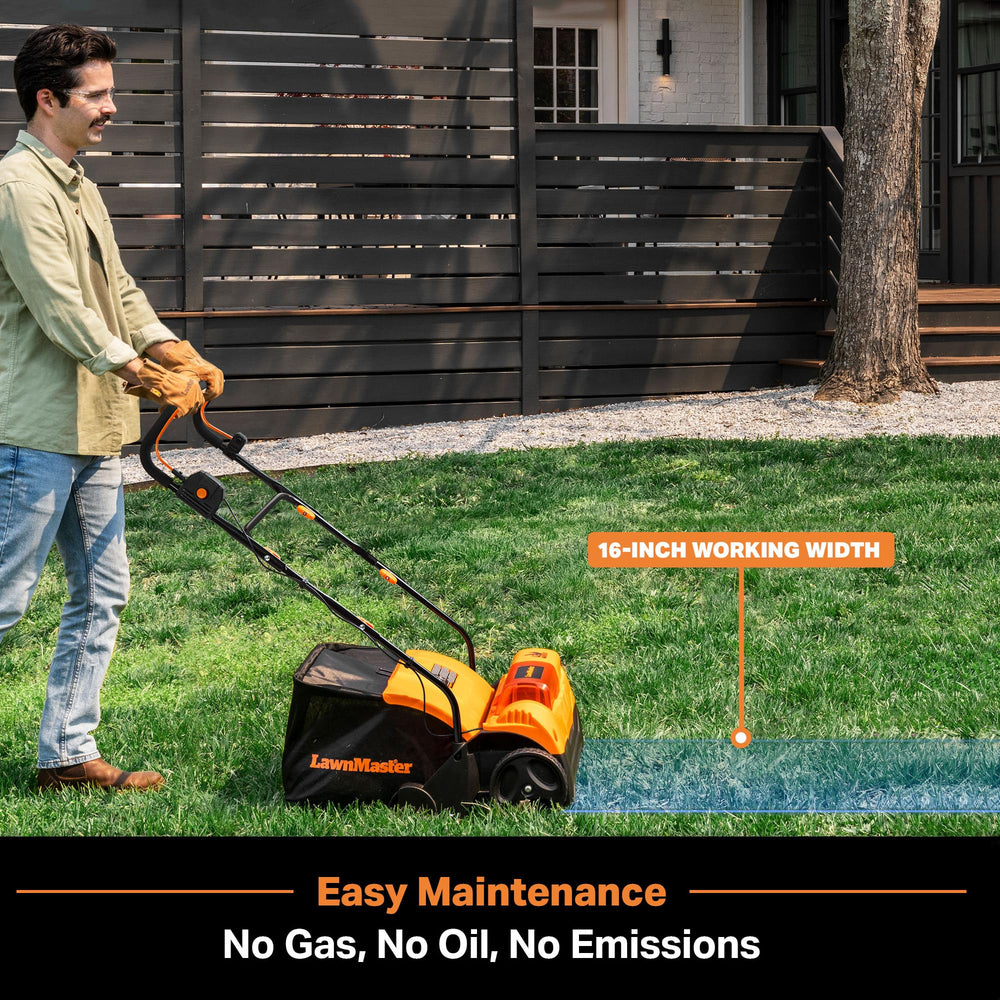 LawnMaster battery compartment open showing dual 24V MAX battery setup