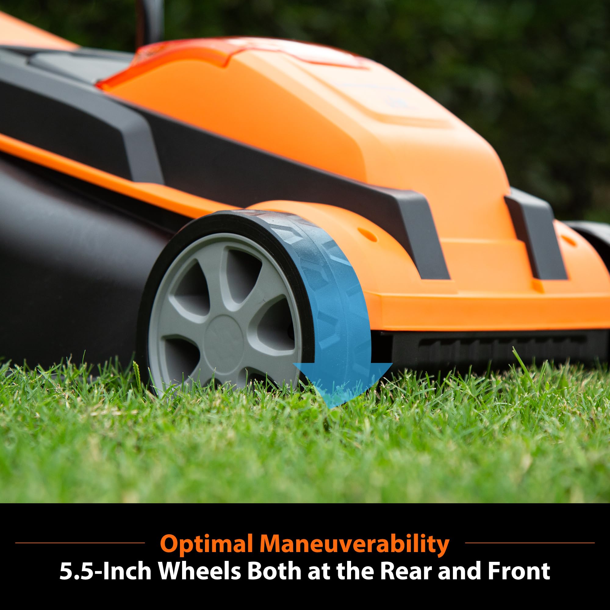 LawnMaster battery installed showing easy swap and extended runtime