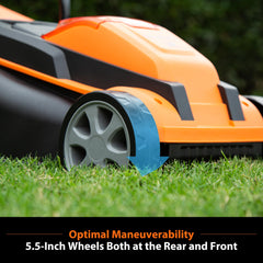 LawnMaster battery installed showing easy swap and extended runtime