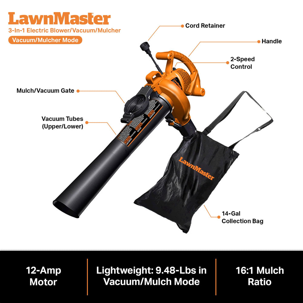 LawnMaster 14-gallon collection bag detail showing dust-resistant material and zipper