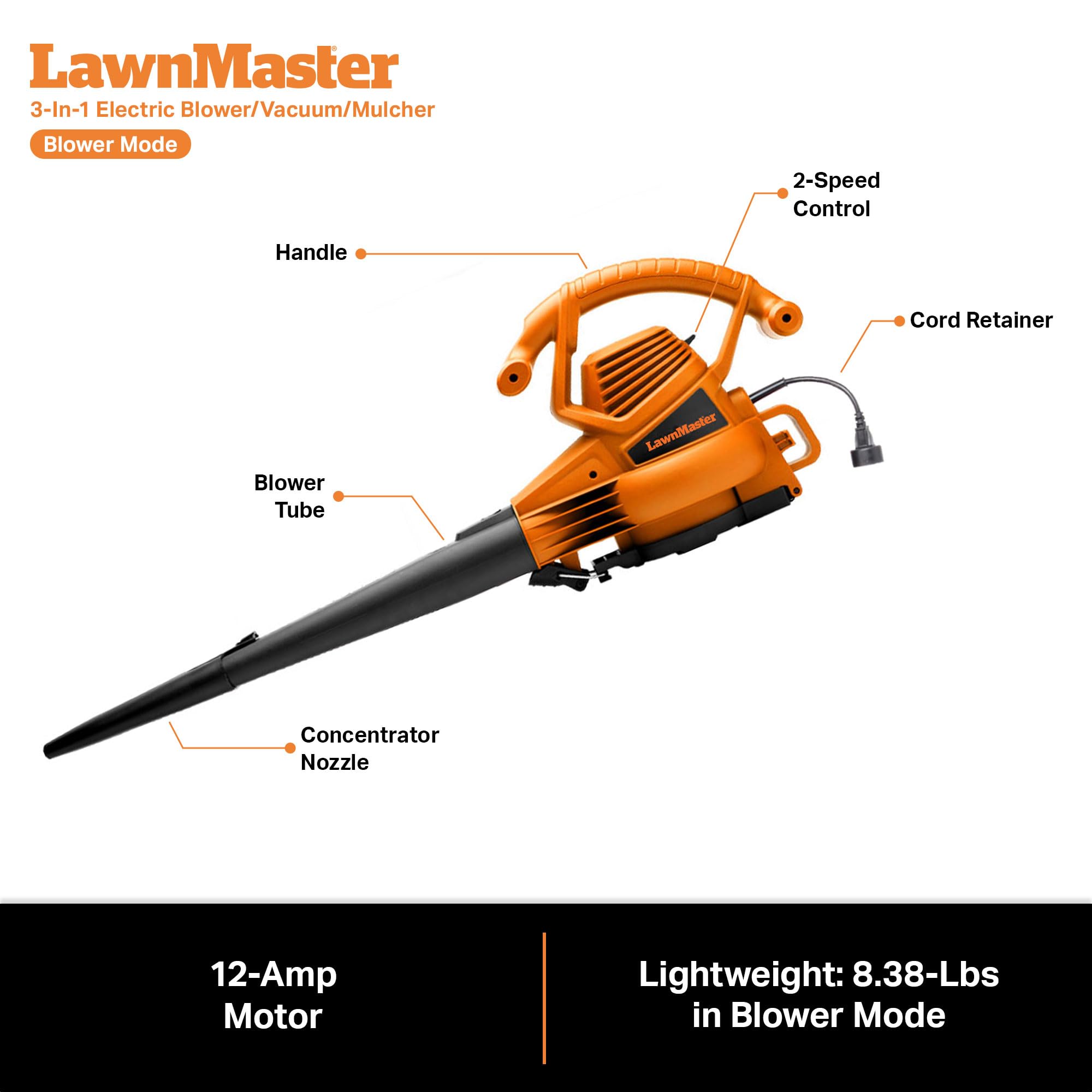 LawnMaster concentrator nozzle attached focusing airflow for narrow areas and power