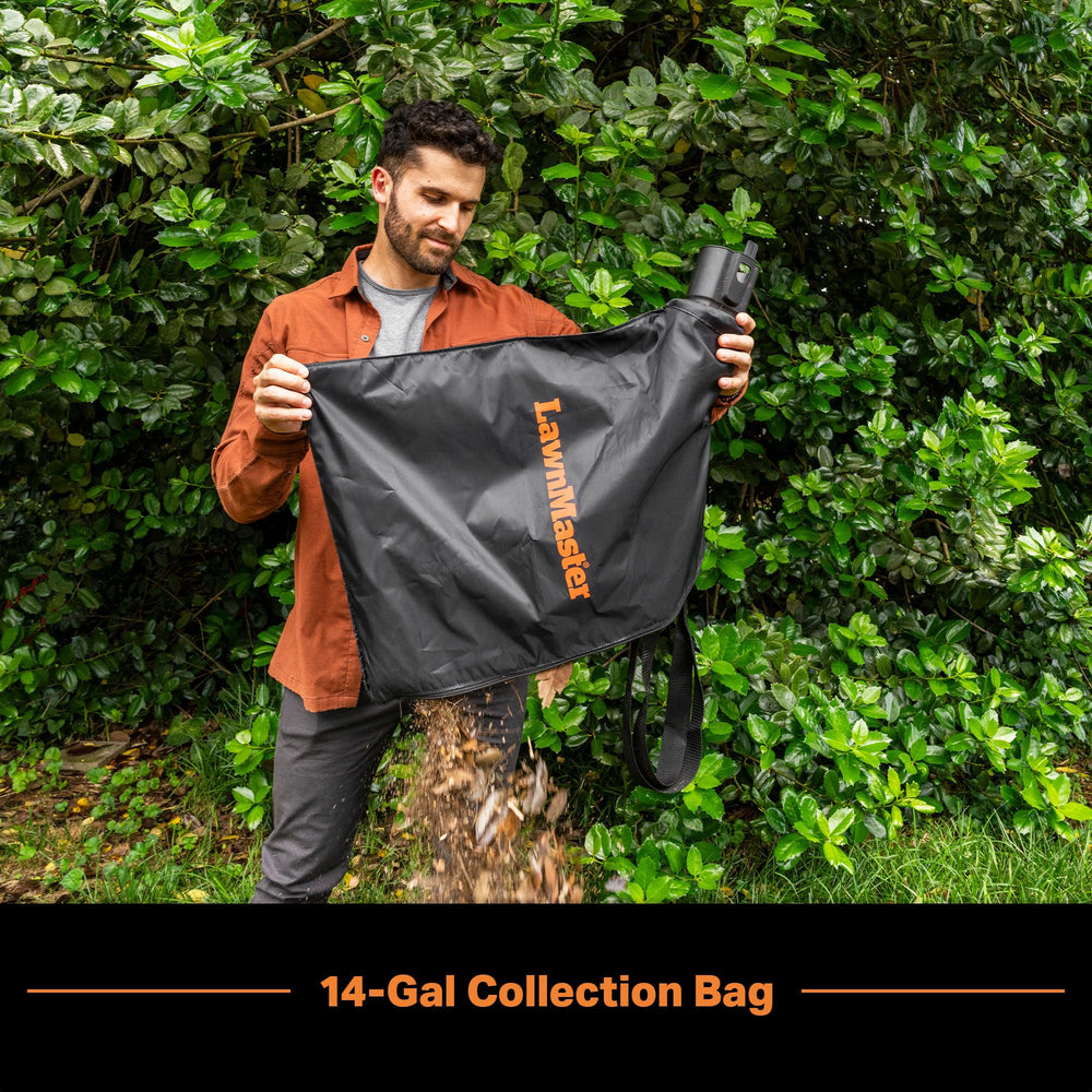 LawnMaster BV1210 in vacuum mode capturing leaves into bag for quick cleanup
