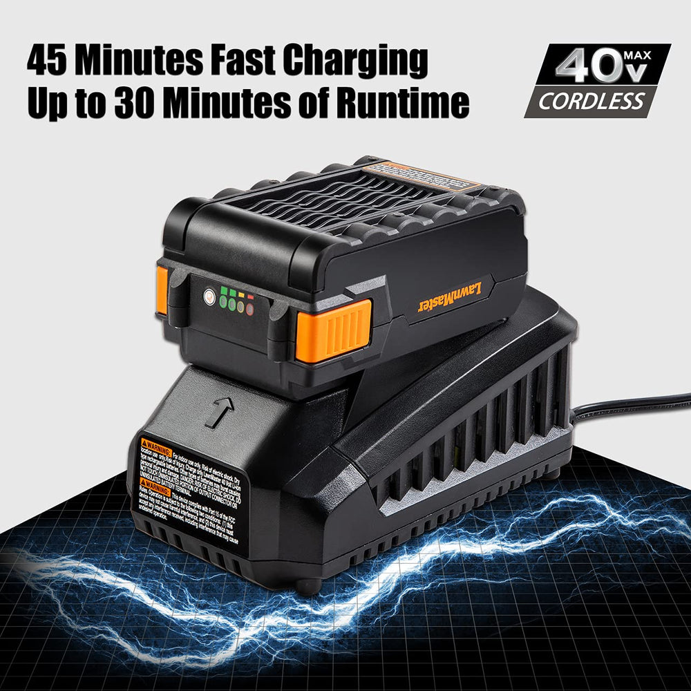 LawnMaster box with battery and charger showing ready-to-use benefit