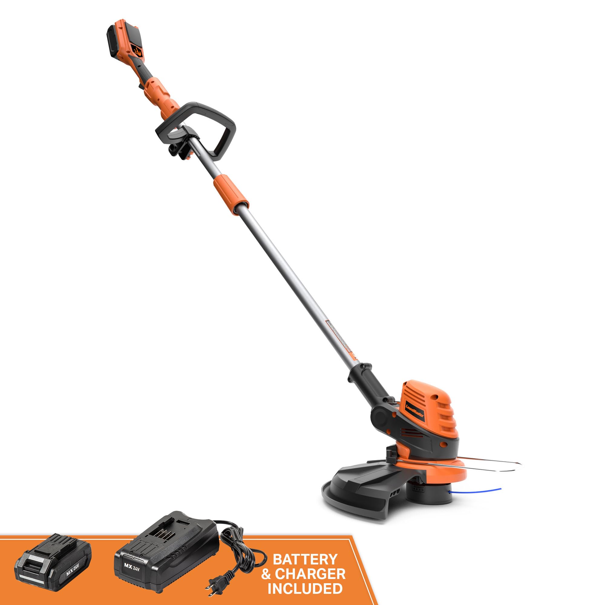 LawnMaster retractable guard close-up protecting plants while trimming