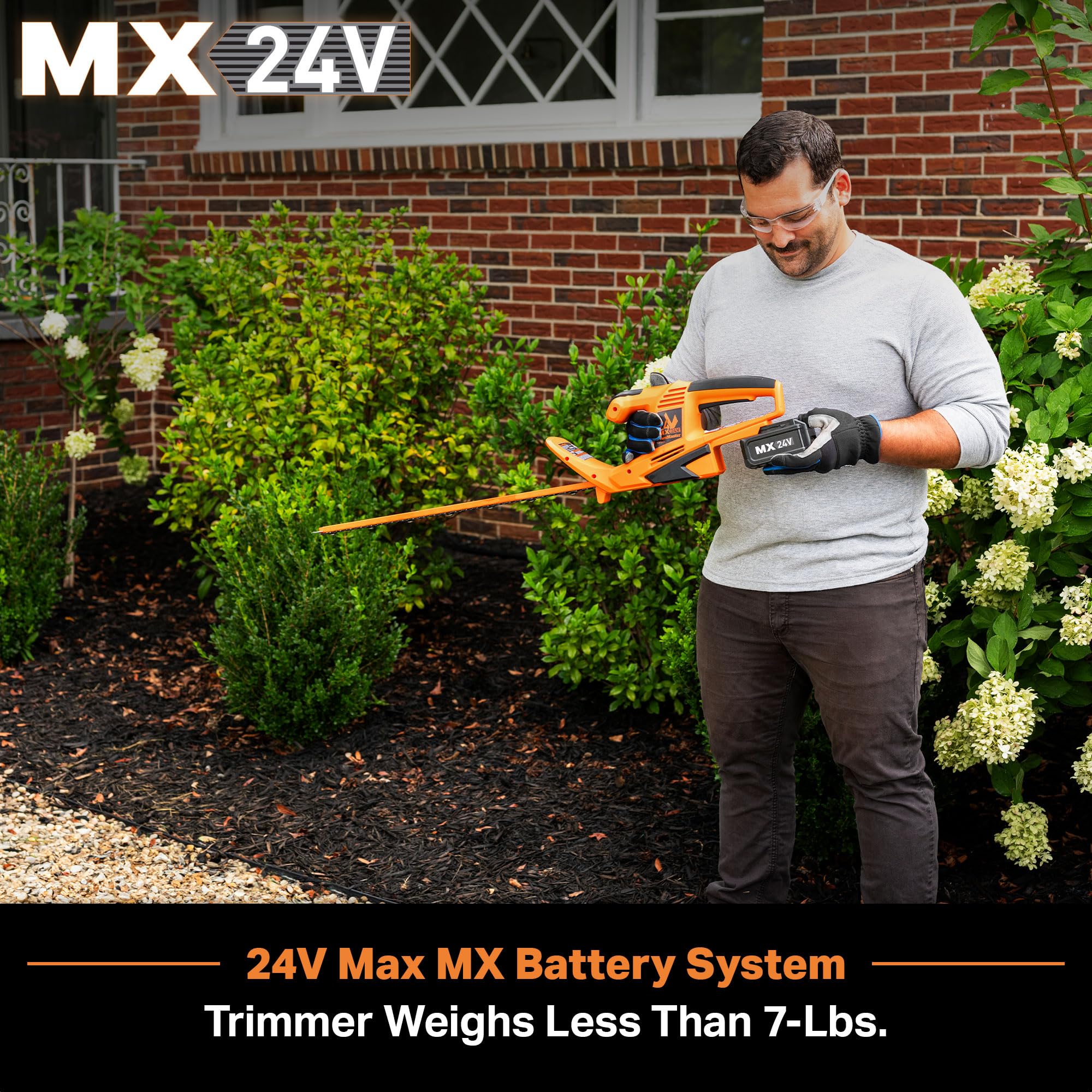 LawnMaster 24V 2.0Ah battery and 2.5A charger showing quick recharge benefit