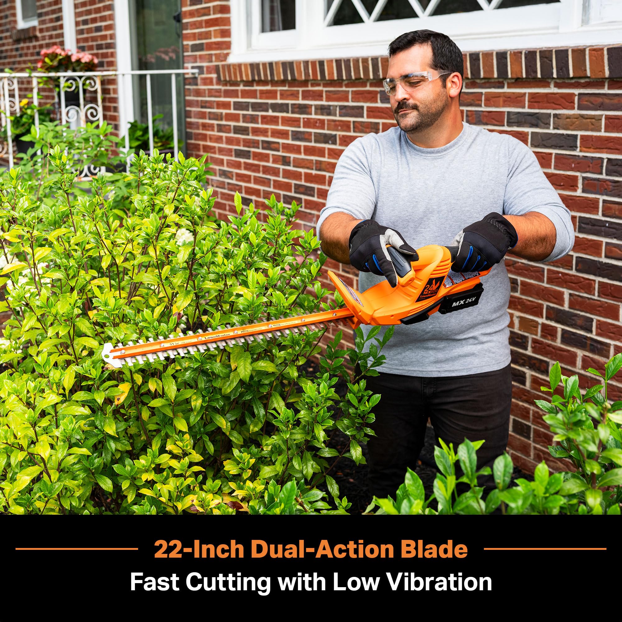 LawnMaster CLHT2422 laser-cut dual-action blade close-up for precise cuts