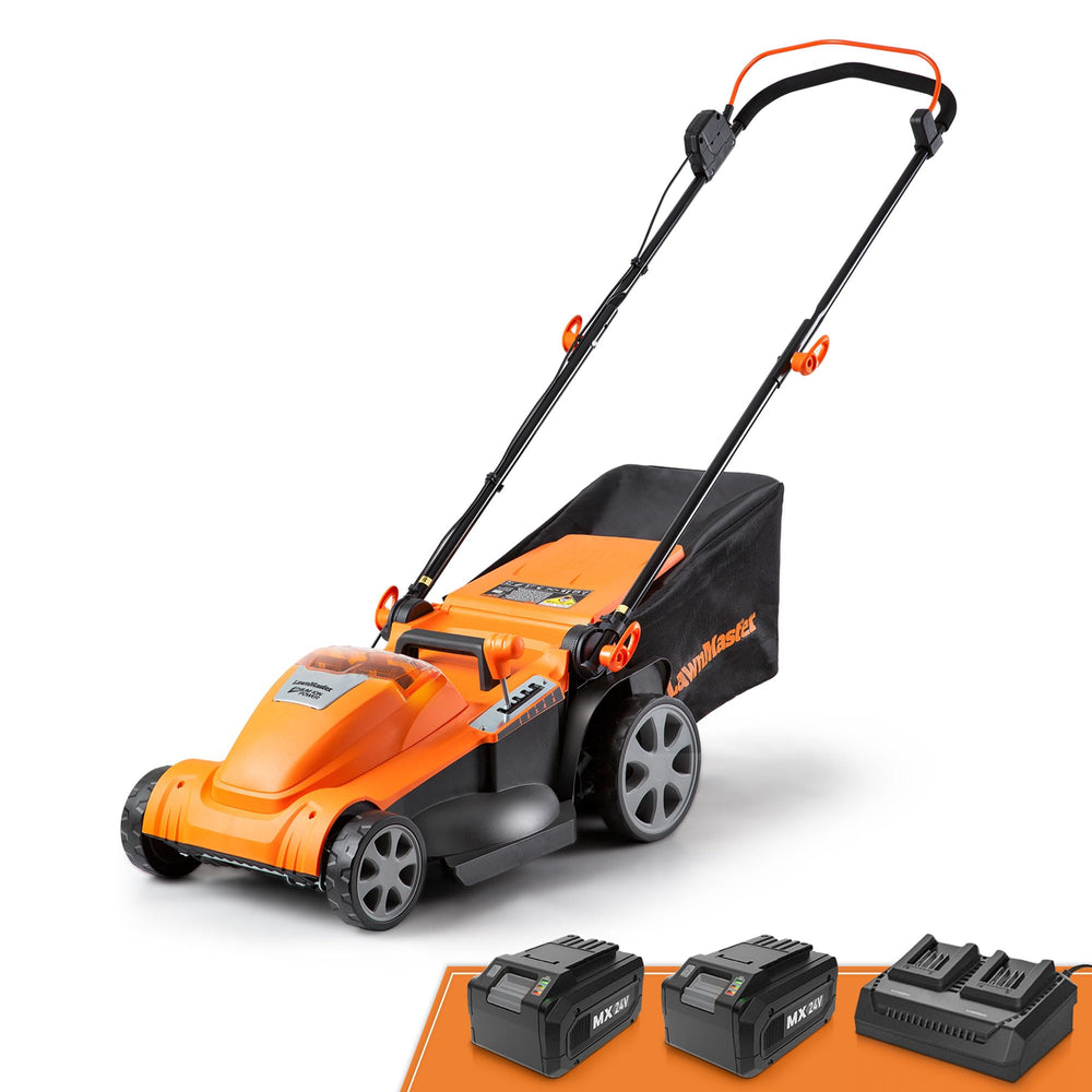 LawnMaster mower front view showing compact deck and easy access controls for convenience
