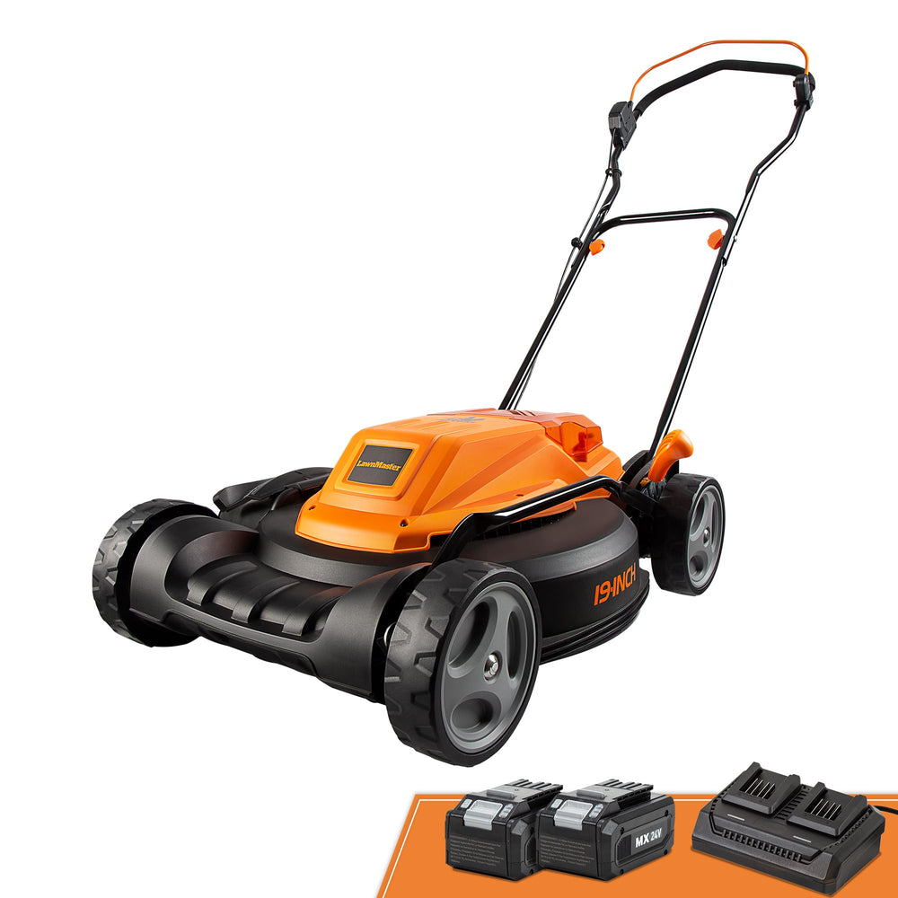 LawnMaster CLMF4819X front view showing compact 19-inch deck and easy-start benefit