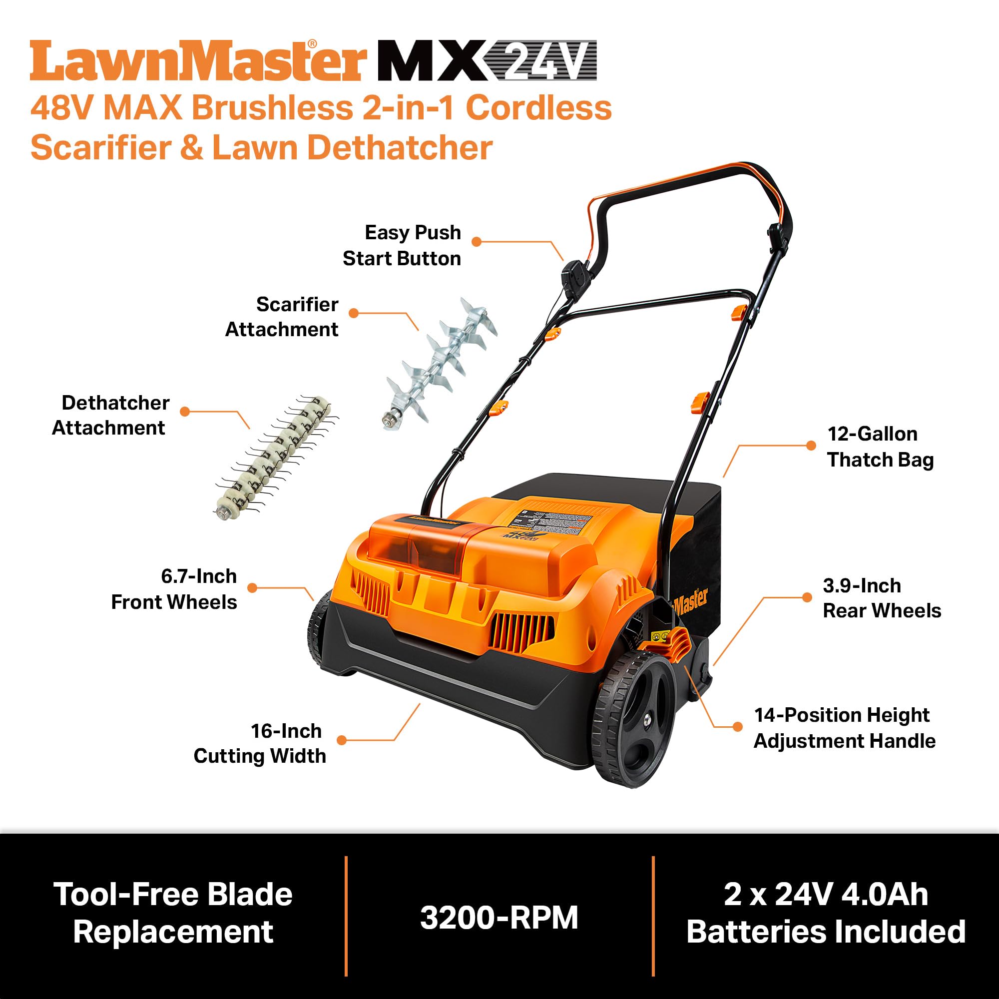 LawnMaster close-up of brushless blade deck highlighting durable cutting action