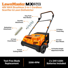 LawnMaster close-up of brushless blade deck highlighting durable cutting action
