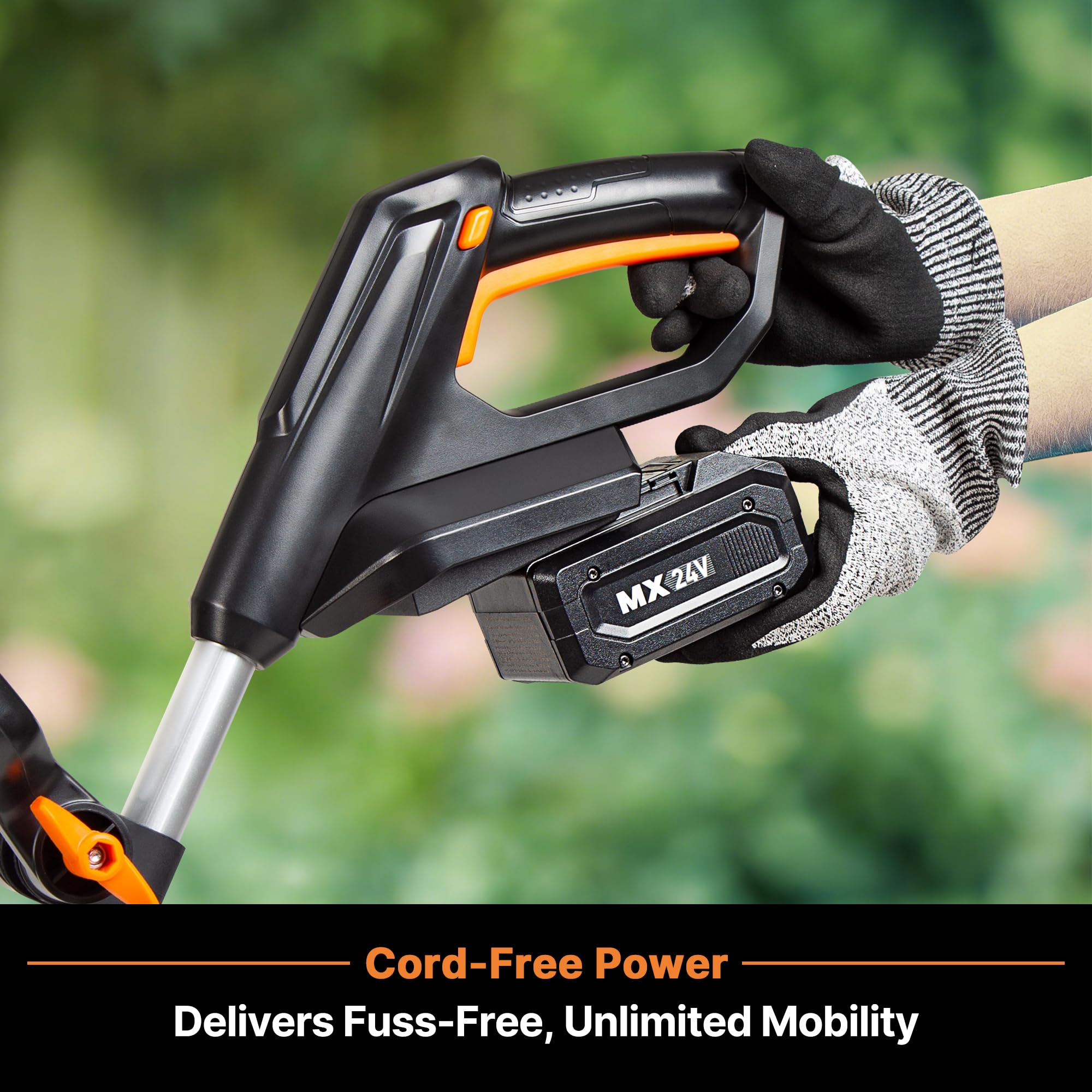 LawnMaster with 24V battery installed showing cordless convenience