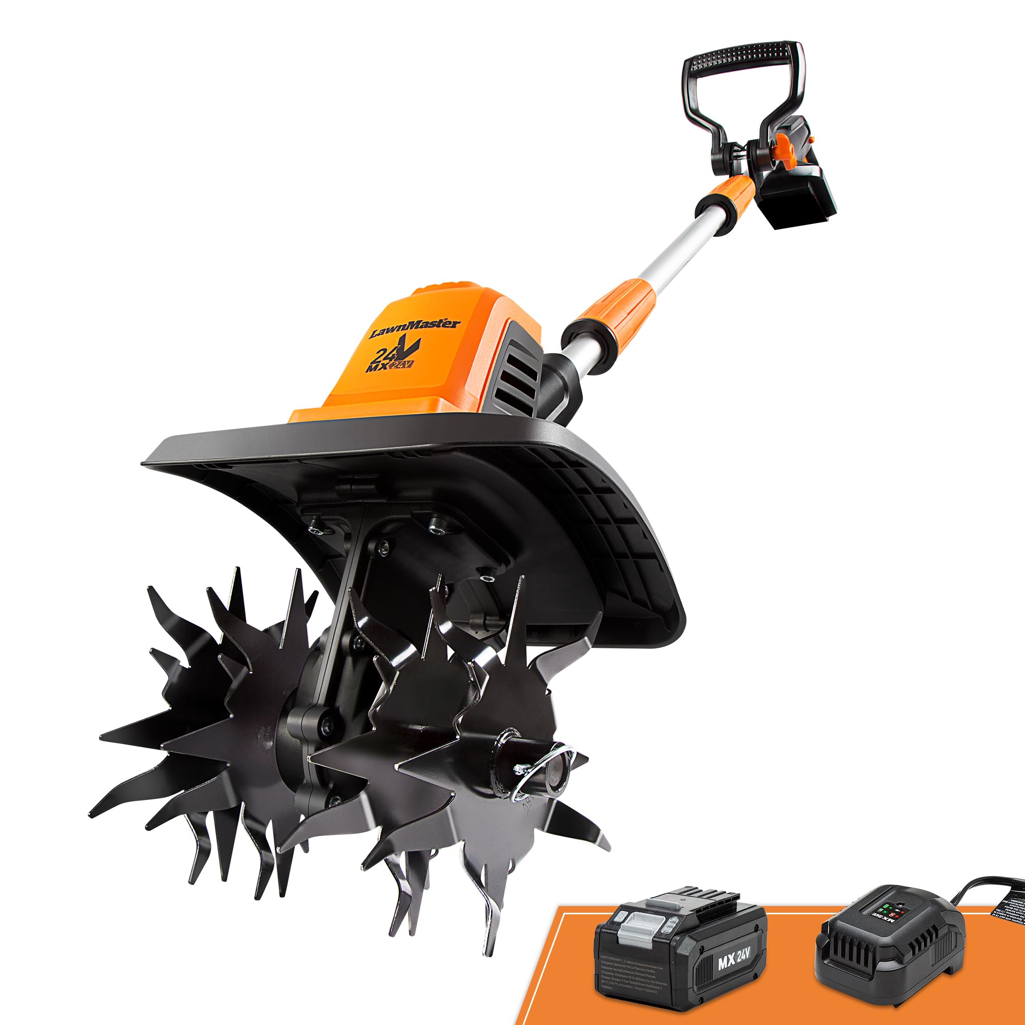 LawnMaster front view showing compact cordless tiller for easy storage