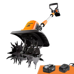 LawnMaster front view showing compact cordless tiller for easy storage